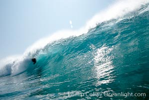 Bodysurfing the Wedge, note the guy back up in the barrel, The Wedge, Newport Beach, California