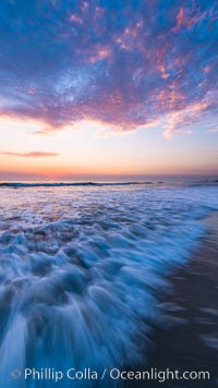 Waves rush in at sunset, Carlsbad beach sunset and ocean waves, seascape, dusk, summer