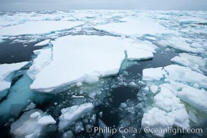 Pack ice and brash ice fills the Weddell Sea, near the Antarctic Peninsula.  This pack ice is a combination of broken pieces of icebergs, sea ice that has formed on the ocean