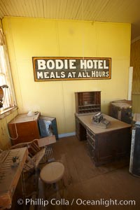 Wheaton and Hollis Hotel, lobby interior with sign "Bodie Hotel, meals at all hours.", Bodie State Historical Park, California
