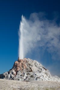 White Dome Geyser, rises to a height of 30 feet or more, and typically erupts with an interval of 15 to 30 minutes. It is located along Firehole Lake Drive, Lower Geyser Basin, Yellowstone National Park, Wyoming