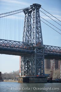 The Williamsburg Bridge is a suspension bridge in New York City across the East River connecting the Lower East Side of Manhattan at Delancey Street with the Williamsburg neighborhood of Brooklyn on Long Island at Broadway near the Brooklyn-Queens Expressway