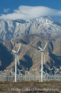 Wind turbines provide electricity to Palm Springs and the Coachella Valley. San Gorgonio pass, San Bernardino mountains, San Gorgonio Pass