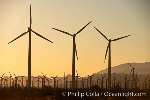 Wind turbines at sunrise, in the San Gorgonio Pass, near Interstate 10 provide electricity to Palm Springs and the Coachella Valley