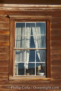 Window, curtains, table, Reddy House, Union Street and Prospect Street, Bodie State Historical Park, California
