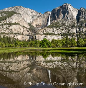 Yosemite Falls reflected in Flooded Cooks Meadow, when the Merced River floods Yosemite Valley following a winter of historic snowfall in the Sierra Nevada, Yosemite National Park