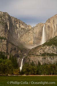 Yosemite Falls by moonlight, viewed from Cooks Meadow. Yosemite Valley, Yosemite National Park, California