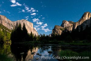 Yosemite Valley and stars lit by full moon, evening, Yosemite National Park, California