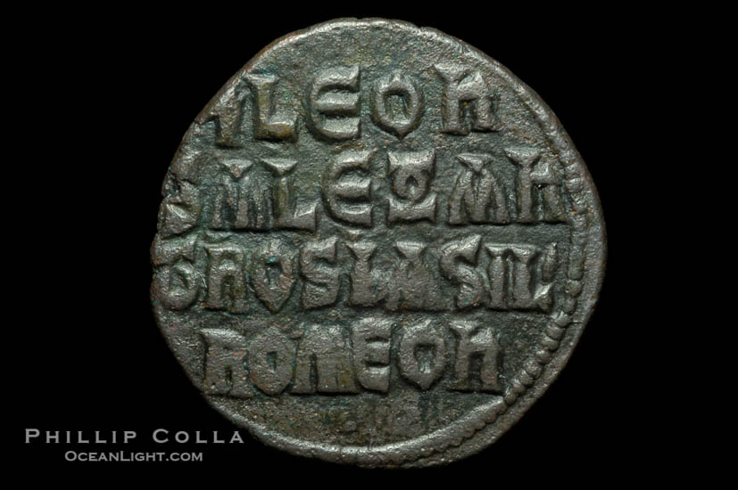 Byzantine emperor Leo IV (886-912 A.D.), depicted on ancient Byzantine coin (bronze, denom/type: Follis) (Follis 6.7g. Obverse: Leo left, Alexander right. Reverse: letters in four lines.)., natural history stock photograph, photo id 06755