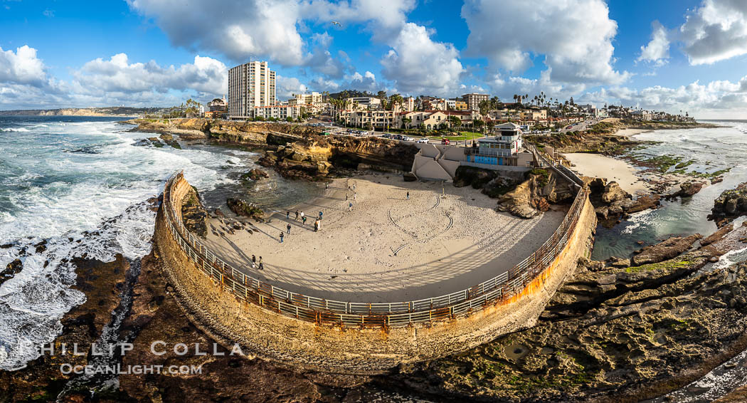 Children's Pool Reef Exposed at Extreme Low King Tide, La Jolla, California. Aerial panoramic photograph. USA, natural history stock photograph, photo id 40718