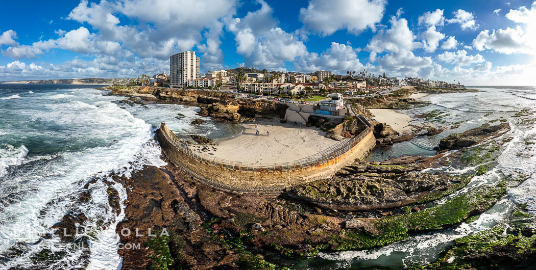 Children's Pool Reef Exposed at Extreme Low King Tide, La Jolla, California. Aerial panoramic photograph. USA, natural history stock photograph, photo id 40717