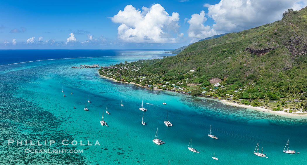 Cruising Sailboats at anchor, Moorea, French Polynesia, aerial view. France, natural history stock photograph, photo id 40675