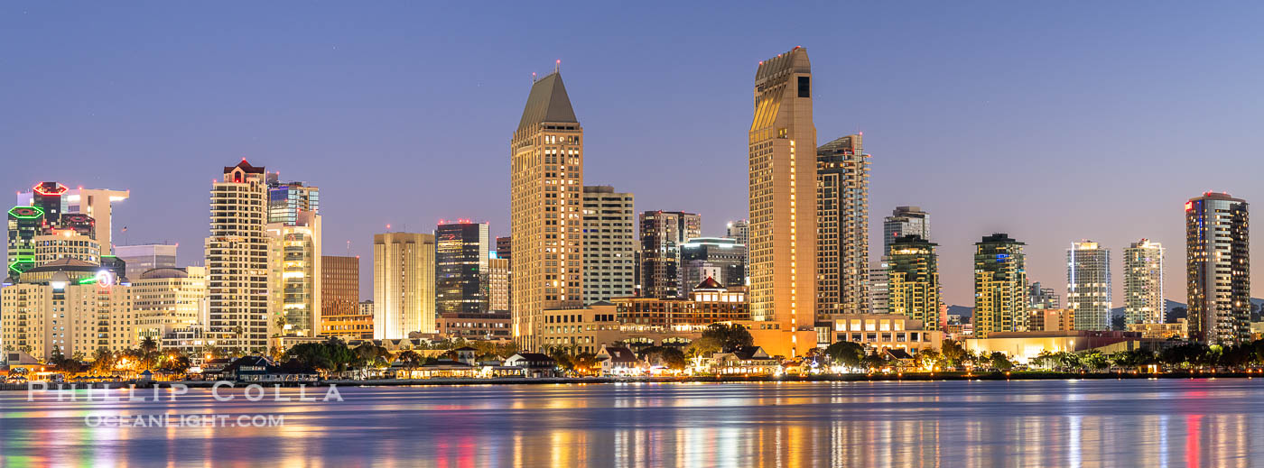 Downtown San Diego Skyline and Waterfront at Sunrise.  Panoramic photo of San Diego embarcadero, showing the San Diego Marriott Hotel and Marina (center) and Manchester Grand Hyatt Hotel (left). California, USA, natural history stock photograph, photo id 40047