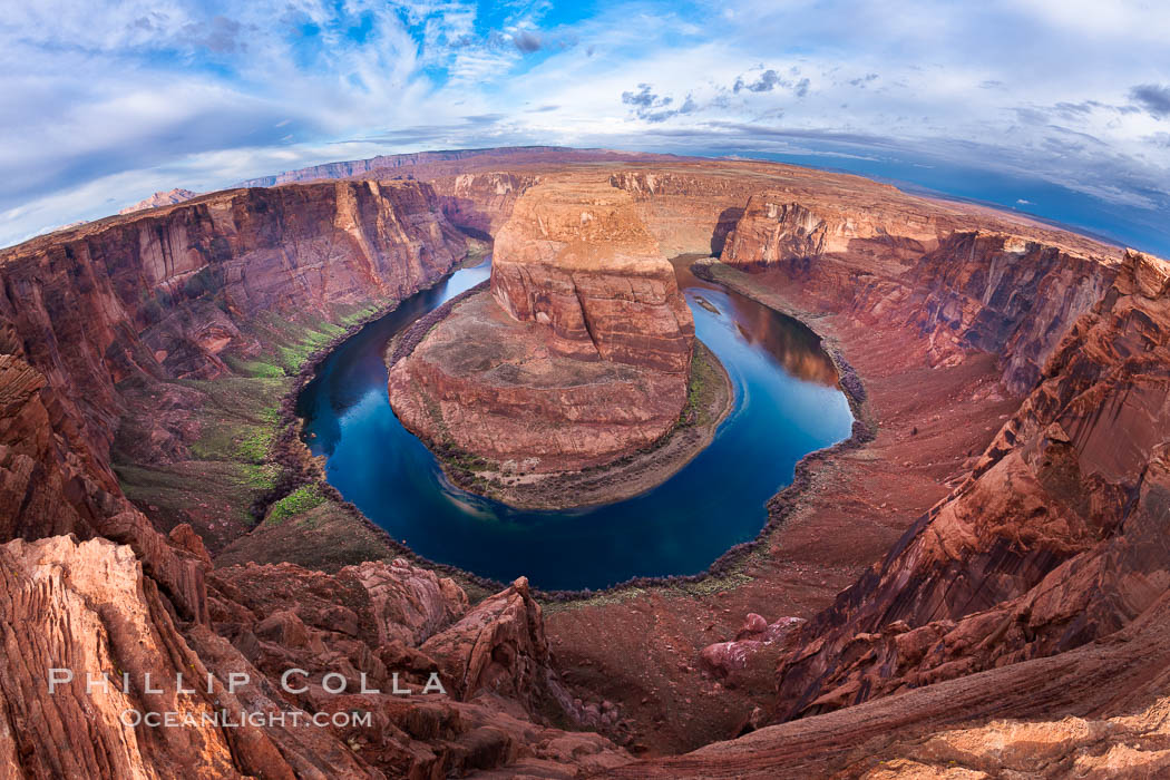 Horseshoe Bend. The Colorado River makes a 180-degree turn at Horseshoe Bend. Here the river has eroded the Navajo sandstone for eons, digging a canyon 1100-feet deep, Page, Arizona