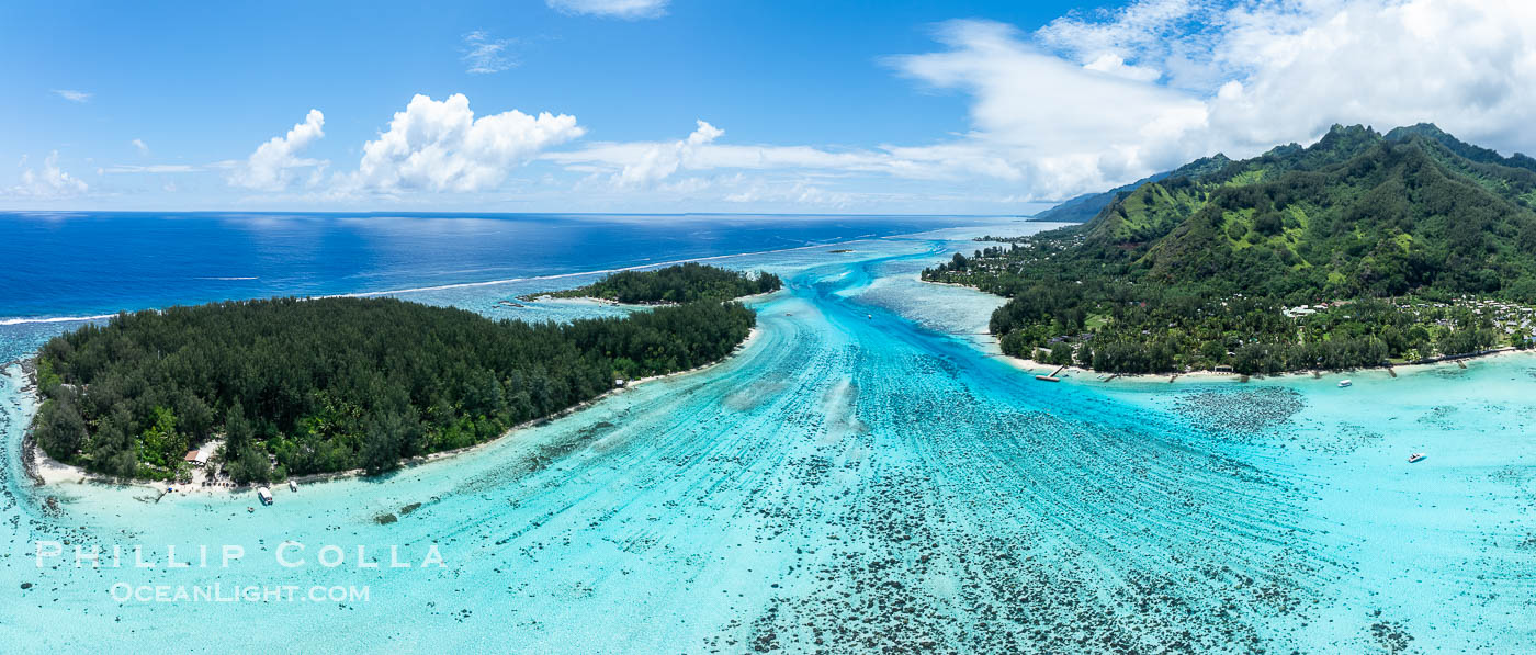 Lagoon Passage between Motu Fareone and Moorea, aerial view, French Polynesia. France, natural history stock photograph, photo id 40613