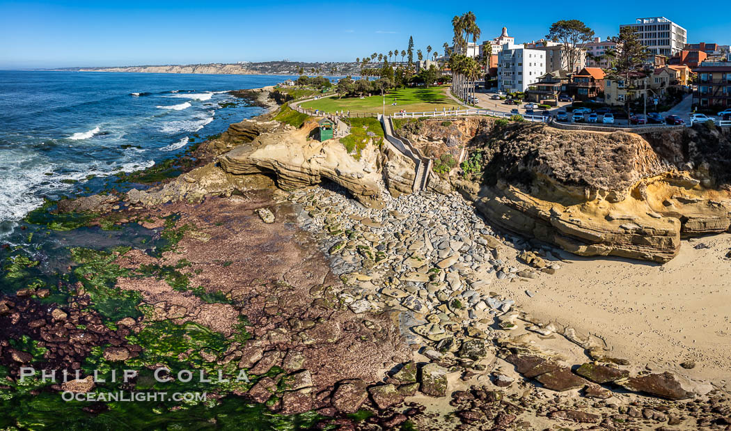 Aerial Photo of Point La Jolla and Scripps Park and Low King Tide, La Jolla Coastline. California, USA, natural history stock photograph, photo id 40709