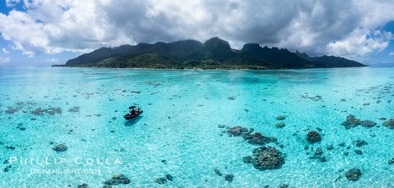 Reef flat and lagoon, aerial view, Moorea, French Polynesia. Nu'urua and Iumaru communities along the coast. France, natural history stock photograph, photo id 40668