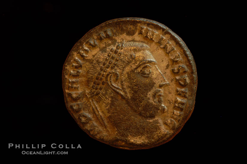 Roman emperor Constantine I (307-337 A.D.), depicted on ancient Roman coin (bronze, denom/type: Follis)., natural history stock photograph, photo id 06838