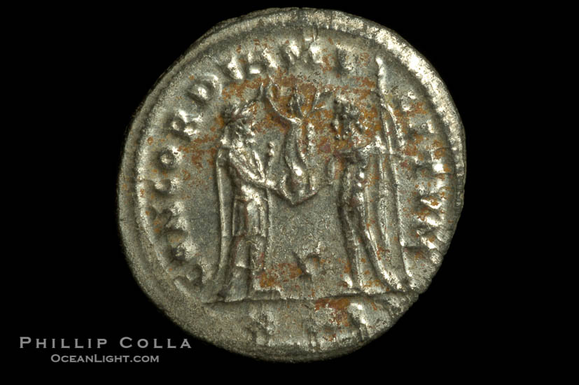 Roman emperor Diocletian (285-305 A.D.), depicted on ancient Roman coin (bronze, denom/type: Antoninianus) (Antoninianus aEF, RIC 256, Sear 3510, Cohan 33. Obverse: IMP C C VAL DIOCLETIANVS AVG. Reverse: CONCORDIA MILITVM)., natural history stock photograph, photo id 06649