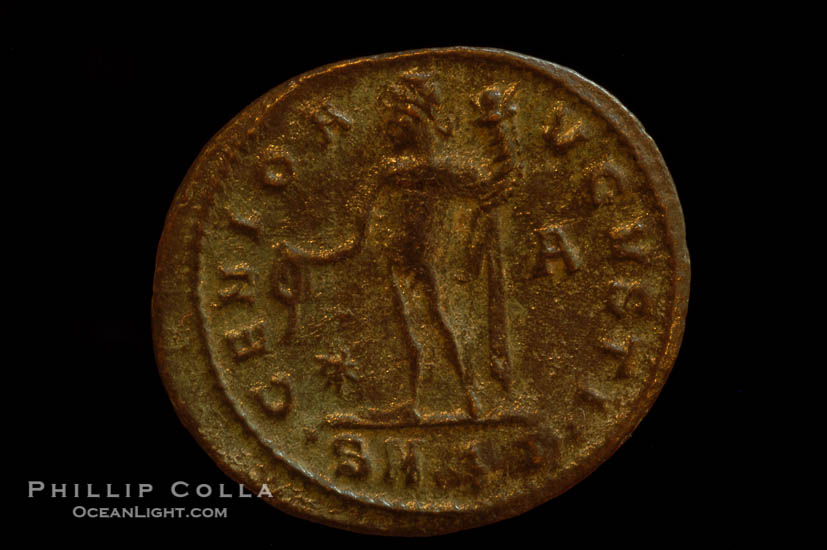 Roman emperor Galerius (305-311 A.D.), depicted on ancient Roman coin (bronze, denom/type: Follis) (Follis, 5.3g, 25.29/28.23mm, Sear 3717, VanMeter 27a, VF. Obverse: GAL MAXIMIANVS P F AVG. Reverse: GENIO AVGVSTI, SMSDelta exergue.)., natural history stock photograph, photo id 06836