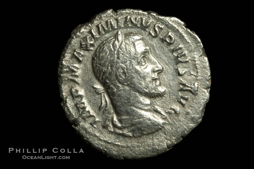 Roman emperor Maximinus I (235-238 A.D.), depicted on ancient Roman coin (silver, denom/type: Denarius)., natural history stock photograph, photo id 06801