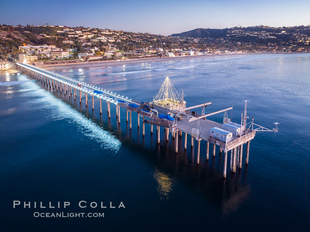 Scripps Pier and Christmas Lights during holiday season, night exposure, La Jolla Coastline, Aerial view. Scripps Institution of Oceanography, California, USA, natural history stock photograph, photo id 38181