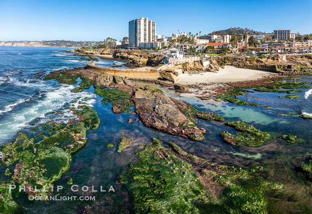 South Casa and Childrens Pool Reef Exposed at Extreme Low King Tide, La Jolla, California. Aerial panoramic photograph. USA, natural history stock photograph, photo id 40710